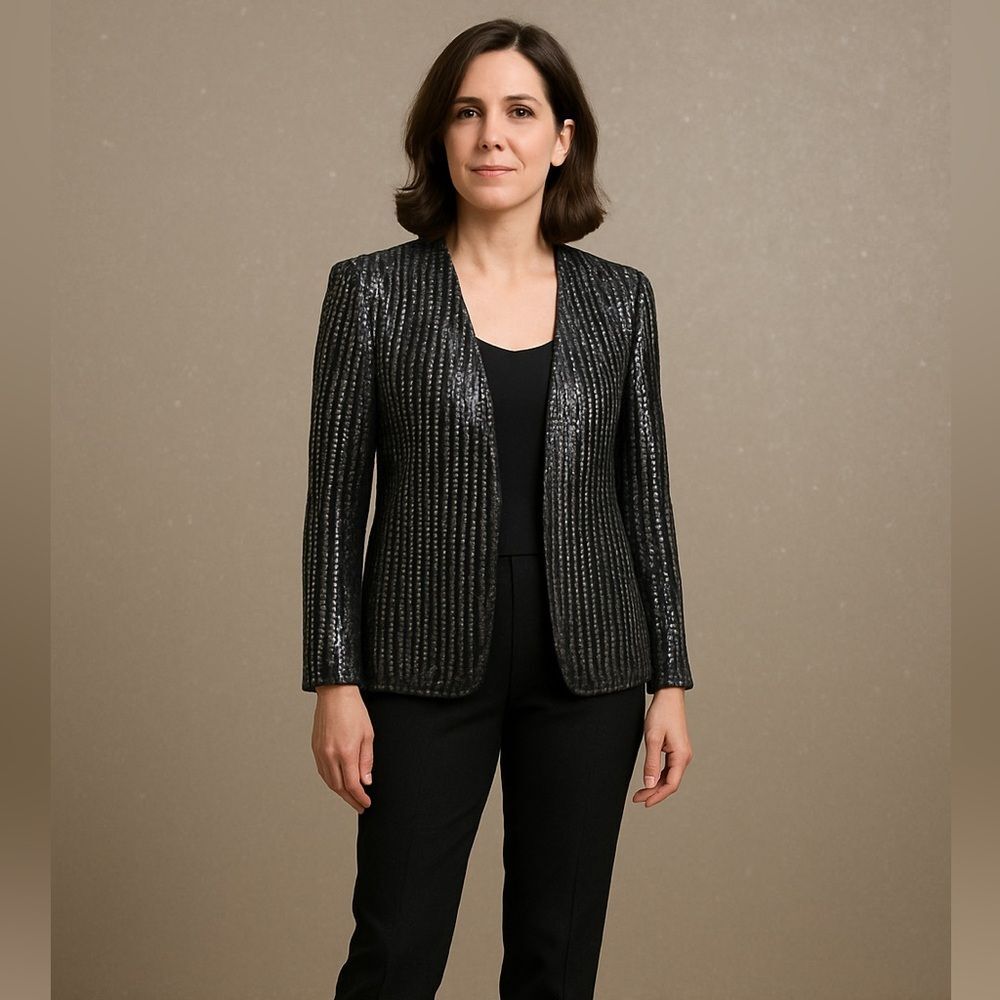 Vintage Black Nite Line for I Magnin Silver Sequin Silk Shoulder Pad Jacket Sz L